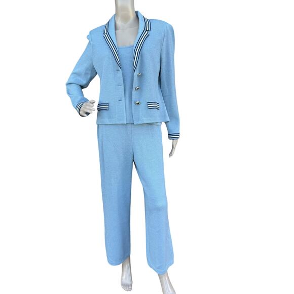 St. John 8 M 6 Santana Knit 3pc Pant Suit Set Light Blue Jacket Tank Pants - Picture 5 of 16
